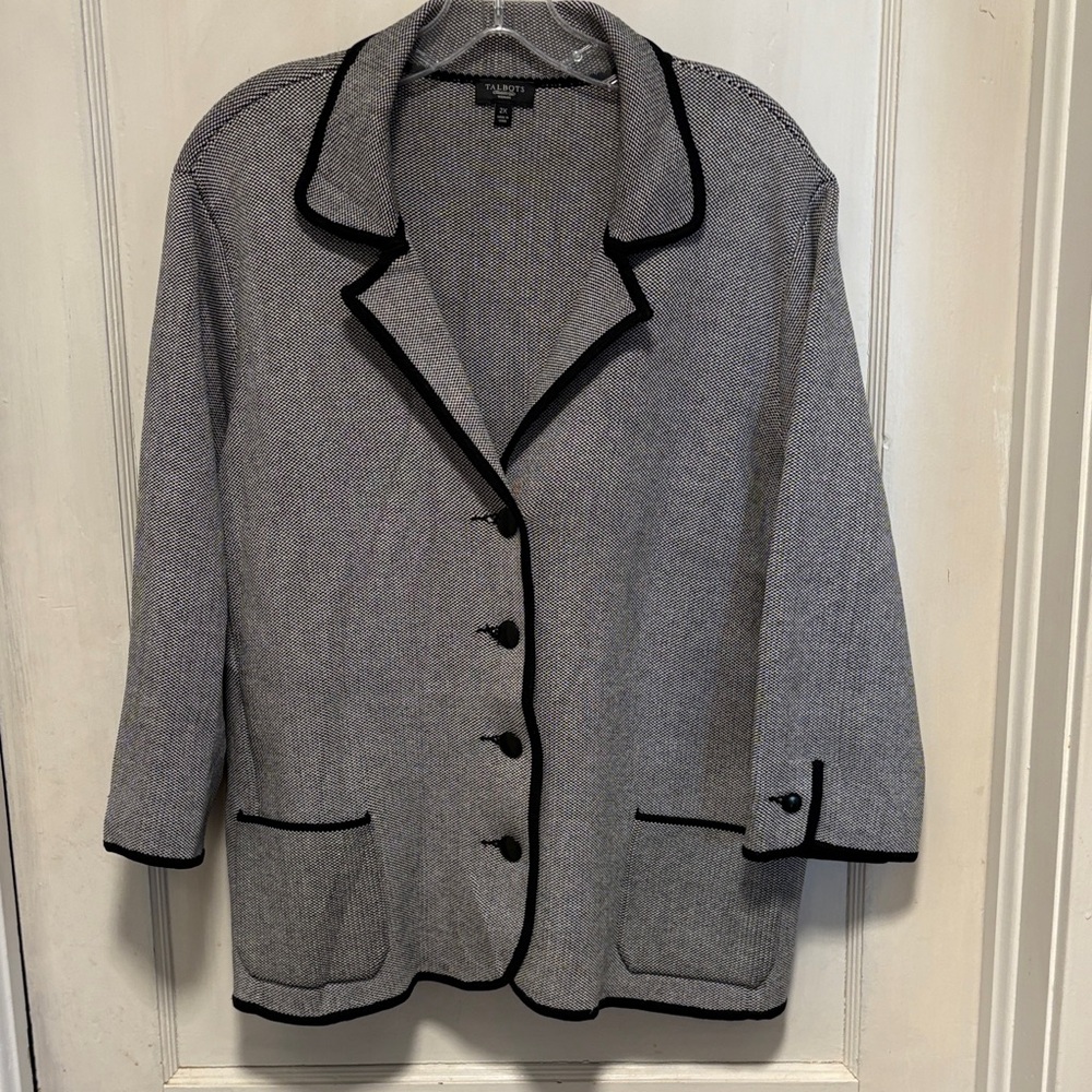 Talbots Black And White Silk And Cotton Blended 3/4 Sleeve Blazer2X Black Accent